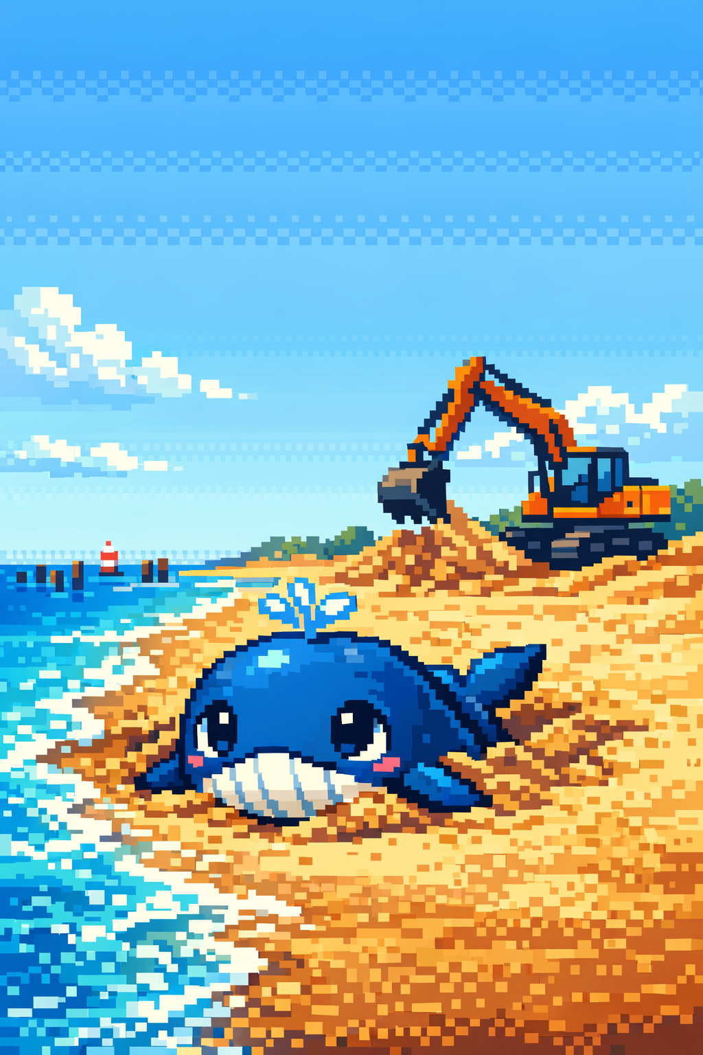 Pixel-art inspired beach rescue scene with Timmy and an excavator.