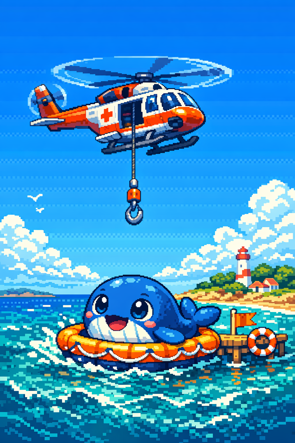 Rescue illustration with a helicopter approaching the coast.