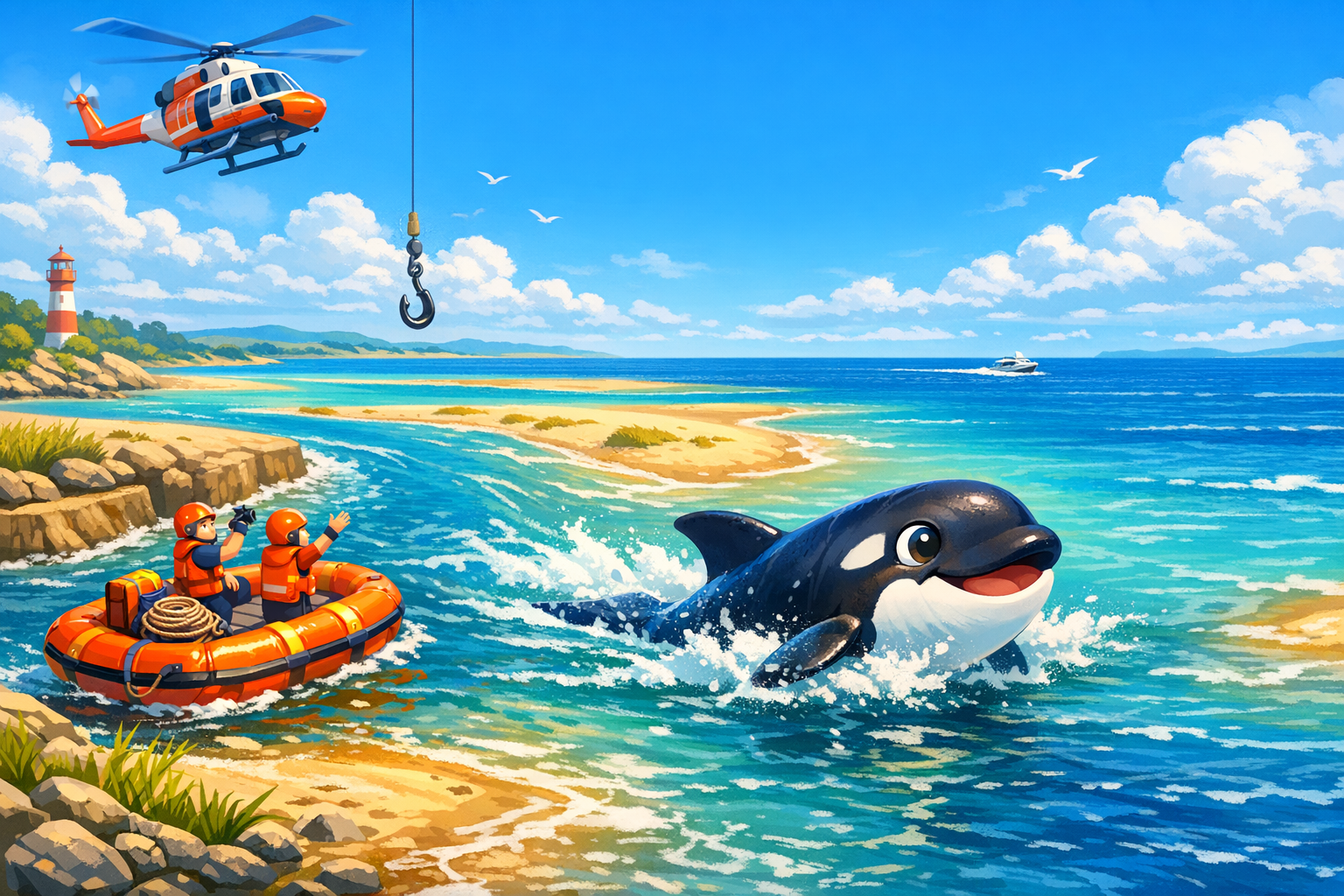 Free Timmy rescue art featuring a helicopter, lifeboat, and whale in a bright Baltic bay.